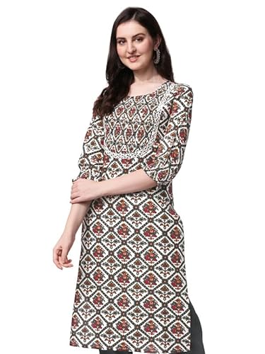 SOURBH Women's Rayon Patola Printed and Mirror Work Straight Fit Kurti Only (K9116-Off White, Multi-2XL)