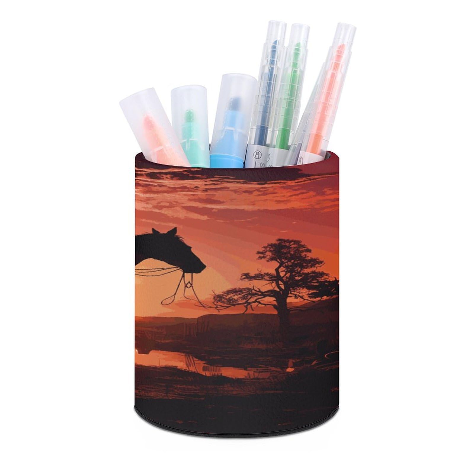 FekiLoot PU Leather Round Pen Holder Cowboy West Pencil Holder Desk Organizer Pen Organizer Pen Cup Pencil Cup Caddy Desktop Stationery Organizers for Office Home Supplies