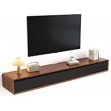 Floating TV Unit Rounded Corner Wall TV Cabinet with Storage | Modern Pine Wood Media Wall Unit, Floating TV Stand with Drawers and Drop-Down Doors for Living Room