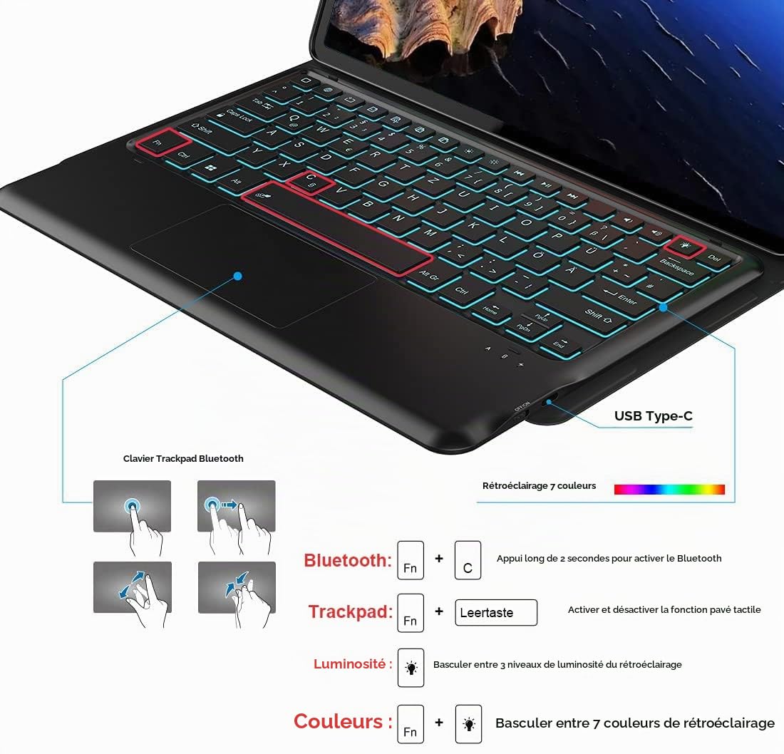 Rétroéclairé Clavier Coque pour Honor Pad 8 Tablette 12 Pouces, Smart Touchpad, AZERTY Français Amovible Bluetooth sans Fil Clavier avec Housse Étui Premium en Cuir PU (Honor Pad 8)