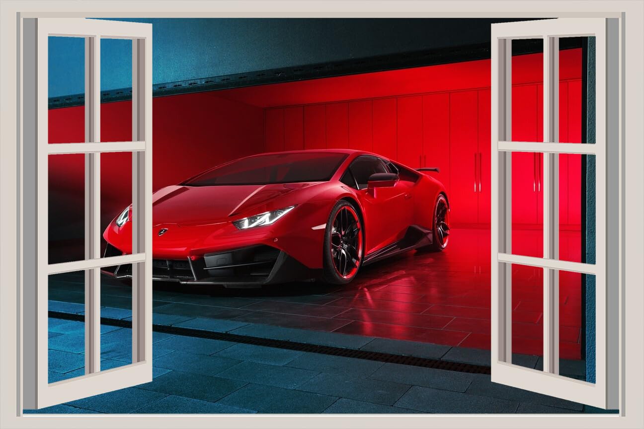 JVERF - JZZA16141 Lamborghini Red Luxury| Self-Adhesive Open Window Wall Sticker