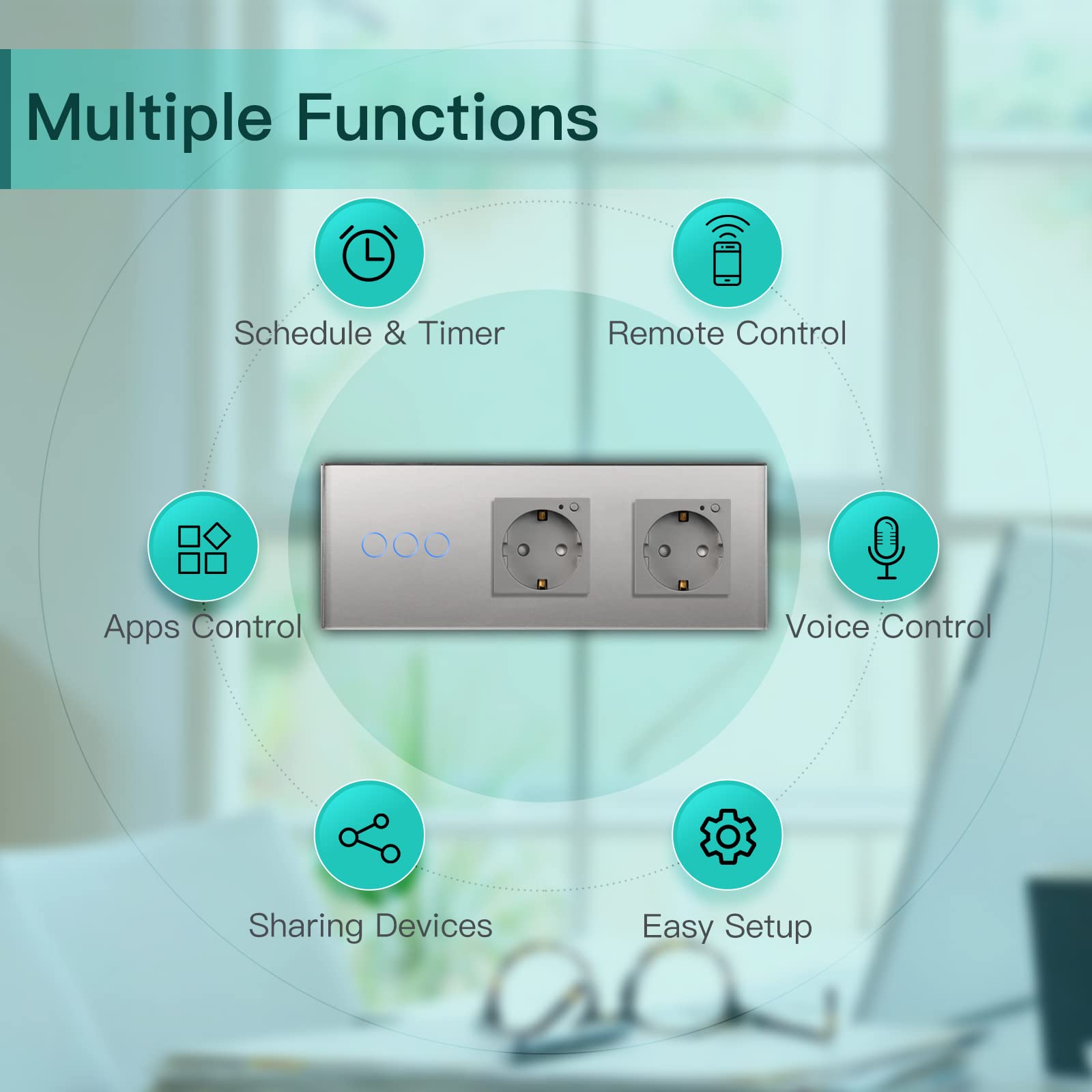 BSEED Interruttore della luce Smart Alexa con doppia presa, verticale da incasso, presa Alexa, in vetro Schuko, Single Live Wifi Touch, 3 scomparti, 1 via, grigio