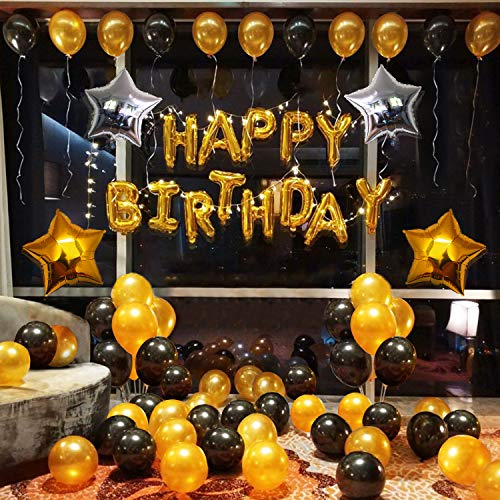 Image of Party Propz Birthday Decoration Items For Husband- 35Pcs, Golden and Black Balloons For Decoration | Star Foil Balloons | Golden Theme Decoration | Happy Birthday Foil Banner (cardstock)
