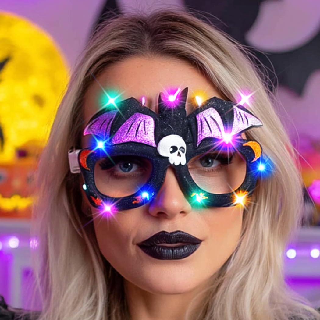Atigy Light Up Halloween Bat Glasses Witch Skull Eyeglasses LED Costume Cosplay Eyewear for Women(2PCS)