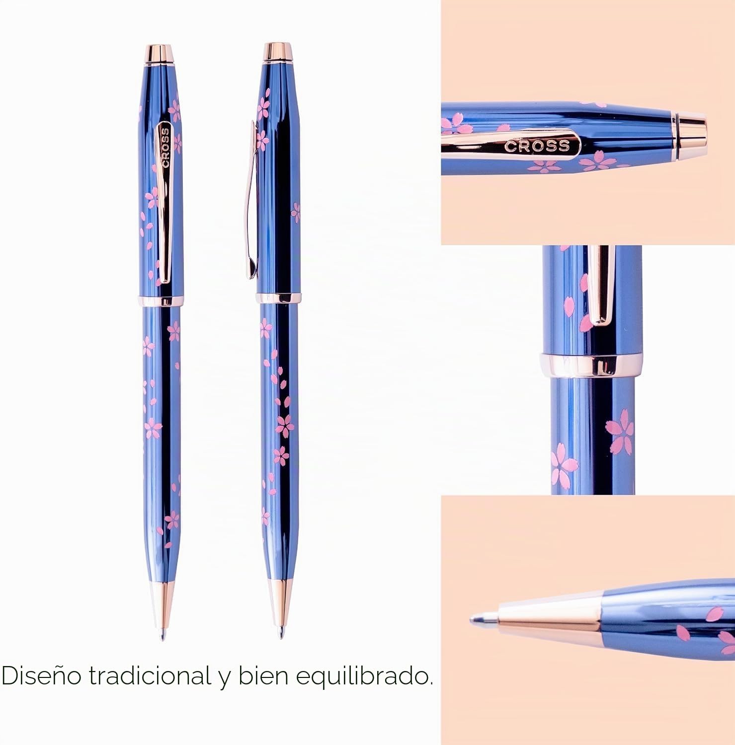 Cross Century II Cherry Blossom - Bolígrafo (trazos M, color de escritura: negro, mecanismo de giro, incluye caja de regalo), color azul translúcido, herrajes de acero inoxidable chapado en oro rosa