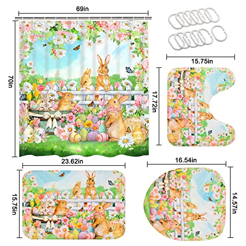Likiyol 4 Pcs Easter Shower Curtain Sets With Non-Slip Rugs, Toilet Lid Cover And Bath Mat, Bunny Rabbit Shower Curtain With 12 Hooks, Spring Floral Easter Bathroom Set #TOP5