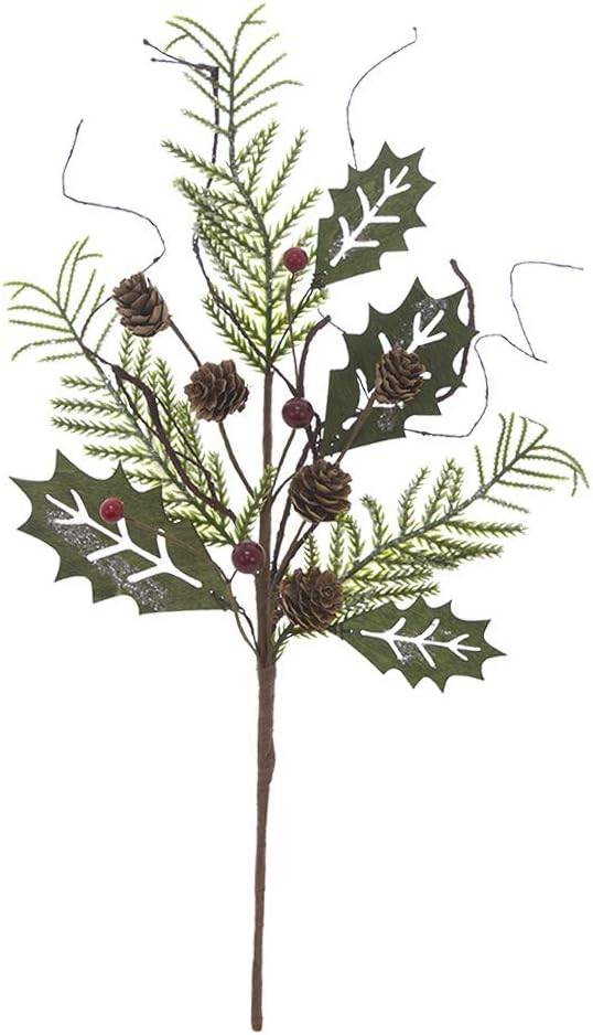 Wing Tai Trading Wooden Holly Leaf with Pine Pick, Green