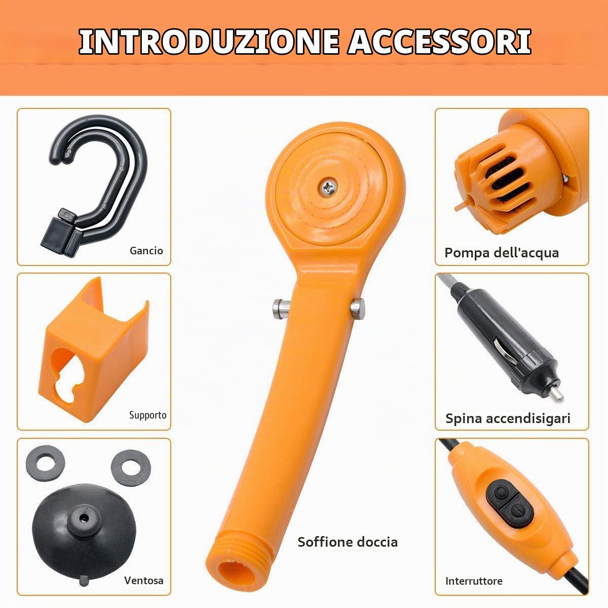 Riloer Kit doccia portatile da esterno, docce da campeggio portatili 12V con pompa dell'acqua, cavo da 5 metri con presa accendisigari, max 7 litri di acqua al minuto compatto