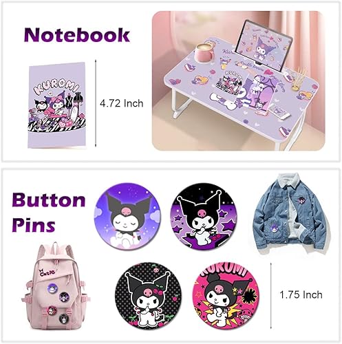 Miniatura 6 de KUROMI - Juego de regalo de suministros escolares, incluye estuche para lápices, bolígrafos, calcomanías, pasadores de botón, cordón, llavero,