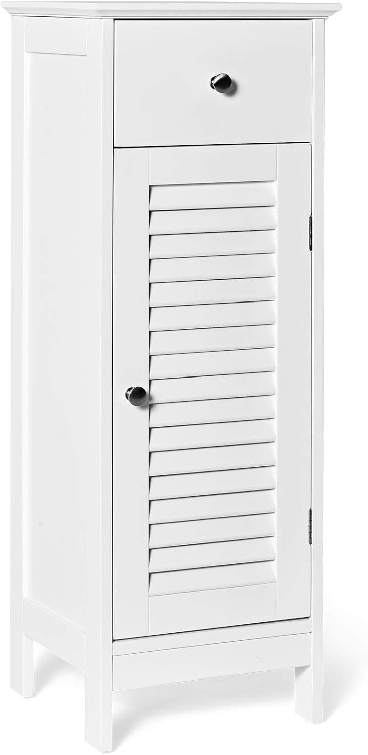 Tangkula Bathroom Floor Storage Cabinet, Wooden Free Standing Storage Cabinet with Drawer & Single Shutter Door, w/Adjustable Shelf & Anti-toppling Fittings for Home Office, 13" x 12" x 34.5" (White)