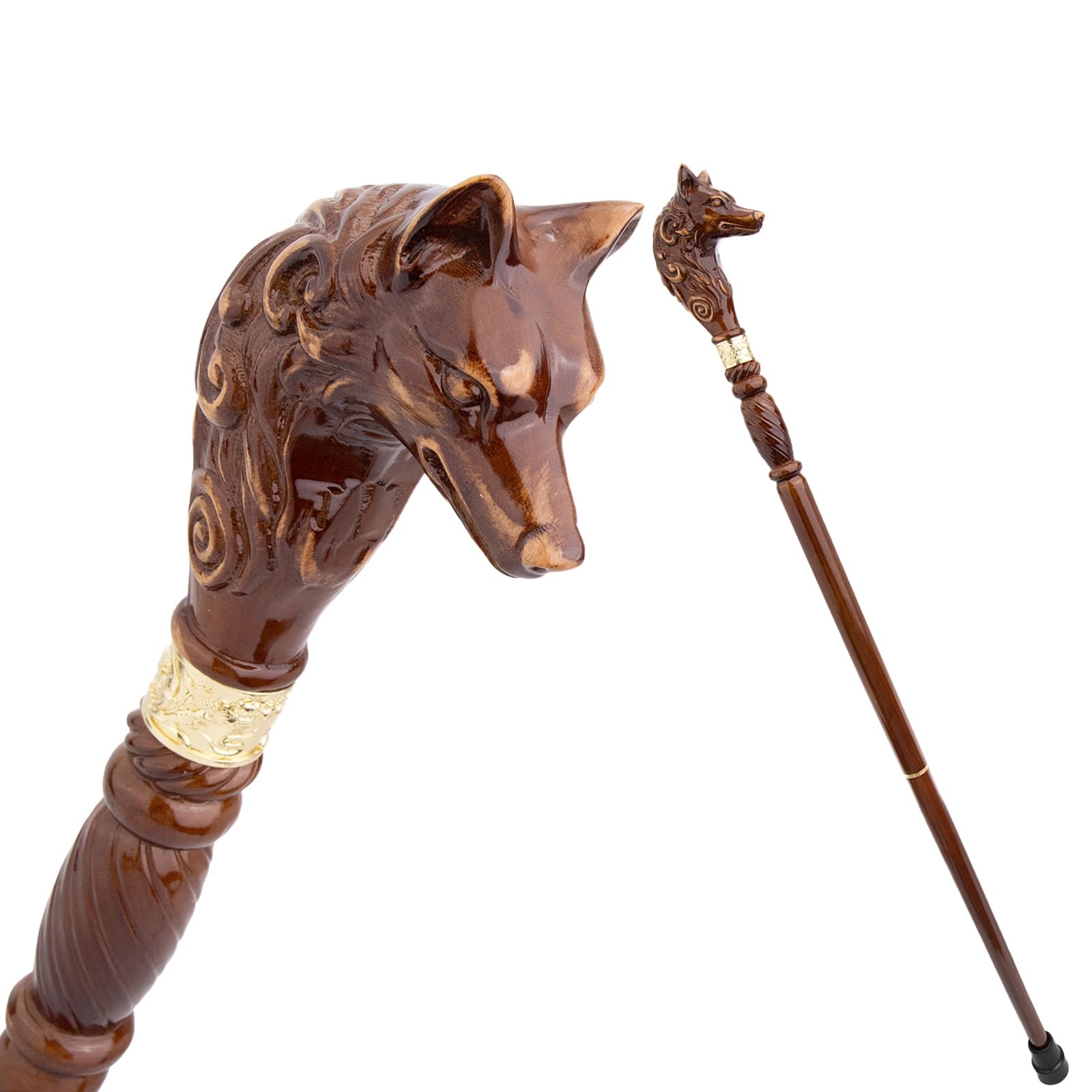 Handgeschnitzter Gehstock Aus Holz Mit Wolfskopf, Ergonomischem Griff und Gummispitze für Damen und Herren – Modischer, Einzigartiger Gehstock für Senioren – 95 cm