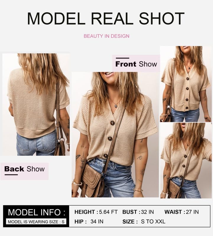 Image of Dokotoo Womens Summer Tops 2026 Waffle Knit Button Down Shirts Casual V Neck Short Sleeve Shacket Jacket Dressy Blouses