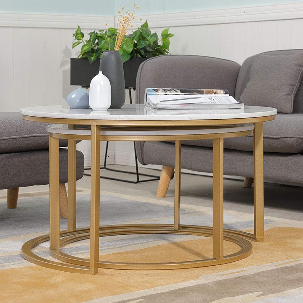 2 Round Stackable Coffee Table Desk Sets | Marble Desktop with Metal Frame Nesting Side Tables Living Room Home Decor Sets End Tables Cocktail Table ()