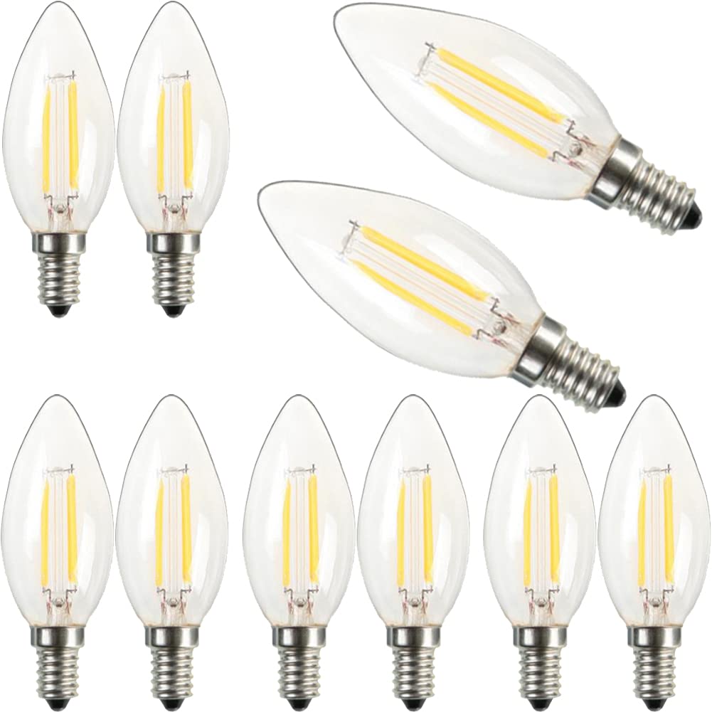 SUOMO E14 E12 LED Filament Candle Bulb Flame Tip Glass Pull Tail Bulbs, for Chandelier Lighting, Dimming 10 Pack,Warm White 4W,110V E14