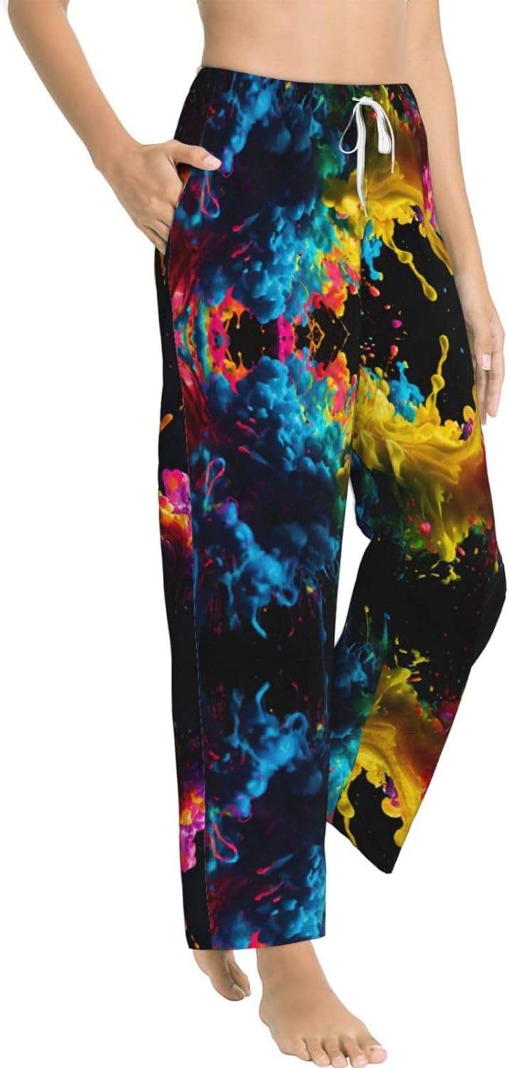 Paint Splatter Backdrop Print Cozy Flannel Pajama Pants For Women,Warm Christmas Pj Pants,Cute Fleece Pajamas