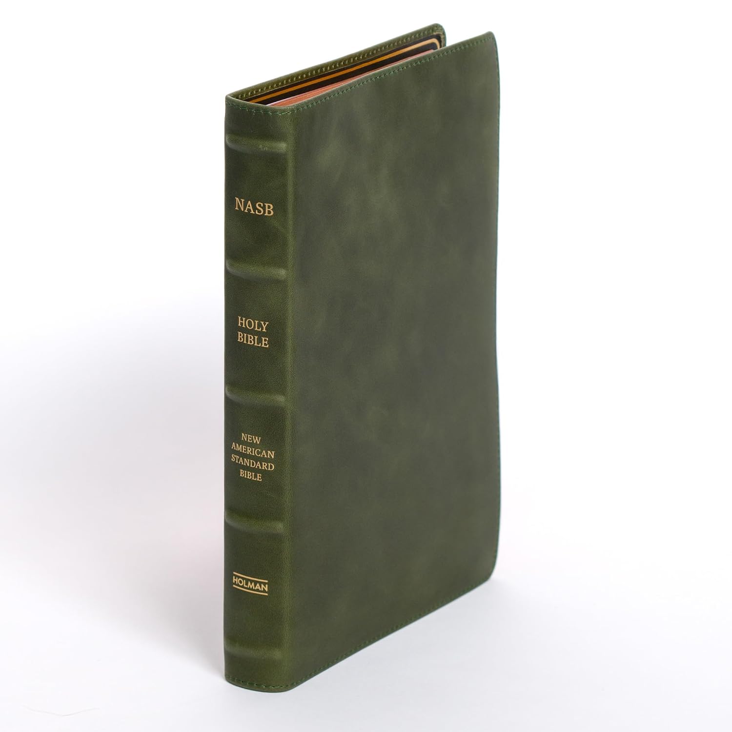 NASB Large Print Thinline Bible, Holman Handcrafted Collection, Marbled Olive Premium Calfskin, Black Letter, Presentation Page, Sewn Binding, Full-Color Maps, Easy-to-Read Bible Karmina Type