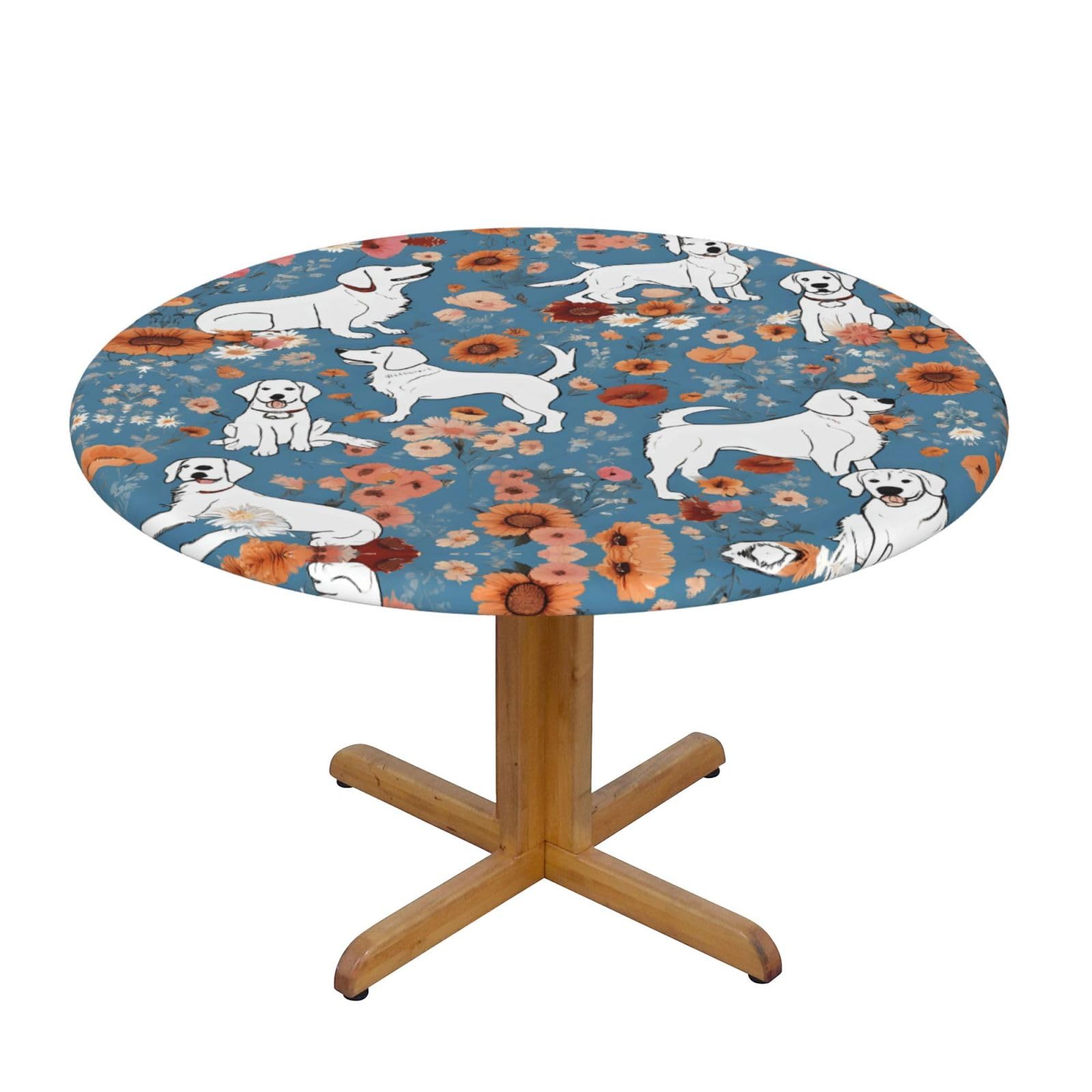 ESNAIUVCD Sweet Basset Hound Florals print Waterproof Round Tablecloth,Outdoor Table Cloth with Elastic Edged, Elastic Tablecloth Wipeable, Garden Table Cloth Suitable for sizes 90cm-140cm