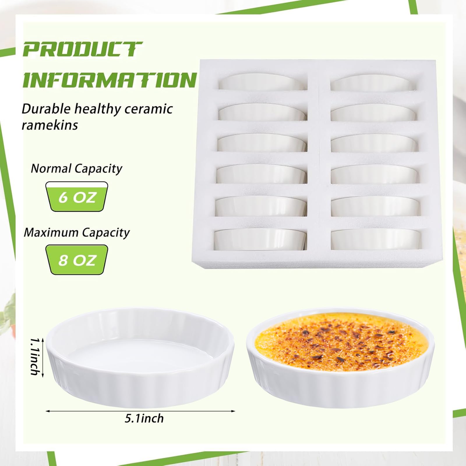Layhit Lot de 12 ramequins à quiche ronds cannelés en porcelaine pour crème brûlée - Passe au four - 200 ml