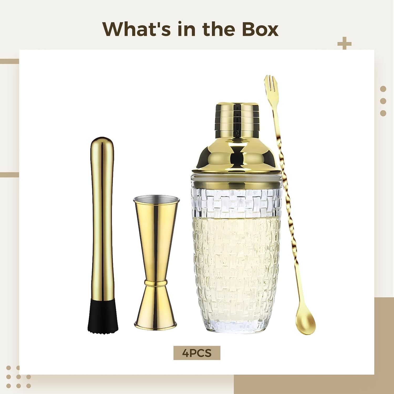 400 Ml Capability Stylish Pattern Cocktail Glass Woven Gold Shaker Set, Cocktail Glass, Ice Crasher, Stirrer, Measuring Cup Included, For Home And Professional Bartenders