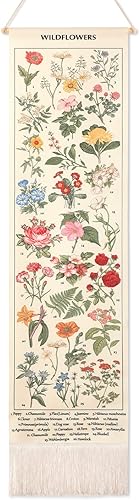Geetery Tapiz vertical floral vintage para colgar en la pared, tapiz largo y estrecho de flores para el hogar, con borlas ilustrativas botánicas