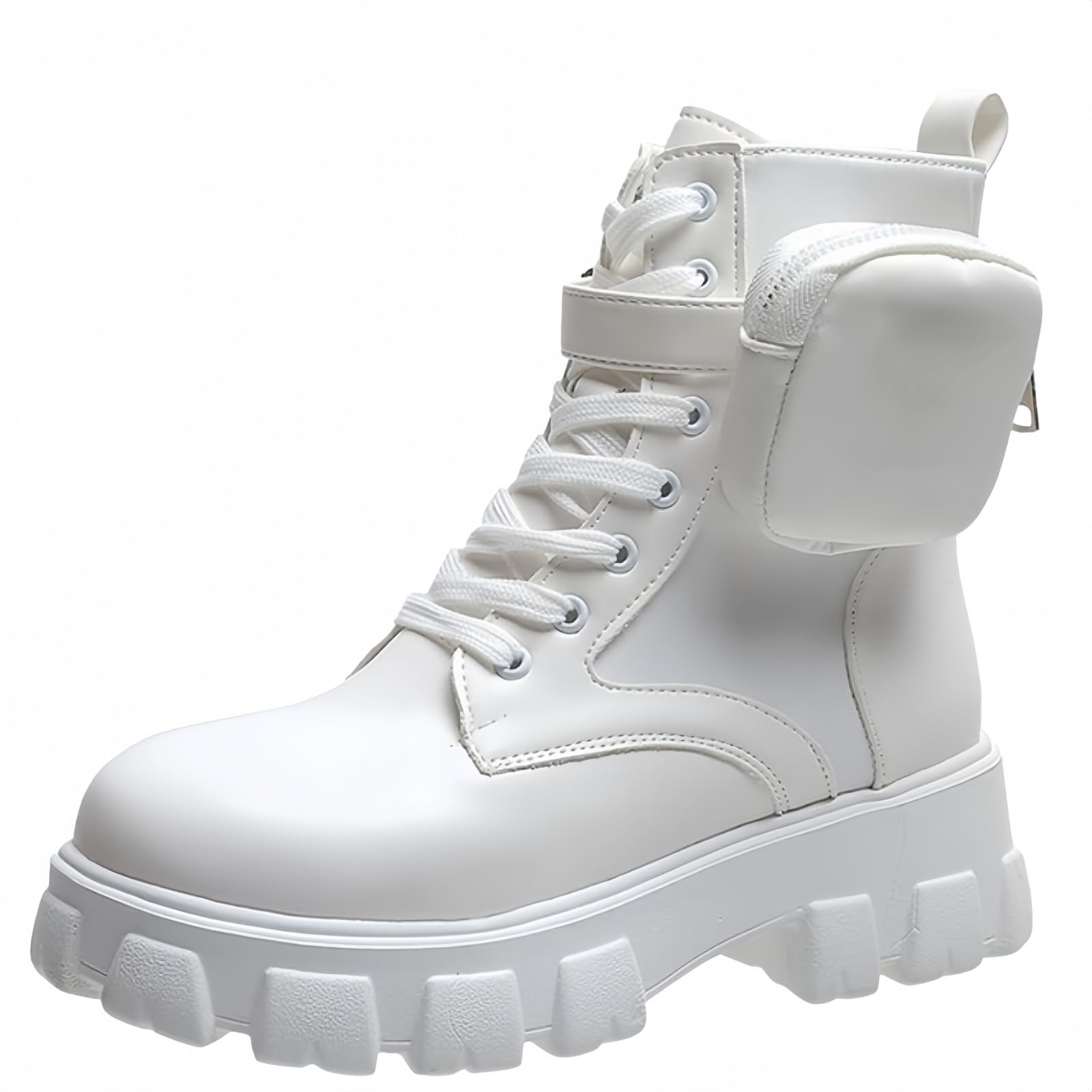 Womens Platform Lace-Up Combat Boots Round Closed Toe Low Heel Ankle Short Boots with Pouch Pocket Mid-Heel Thick