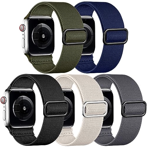 Image of Easuny 5 Pack Stretchy Bands Compatible with Apple Watch 40mm 41mm 42mm 38mm 44mm 45mm 46mm Women, Elastic Fabric Nylon Strap Wristband for iWatch SE 3 2 1 Series 11 10 9 8 7 6 5 4 3 Boho Solo Loop