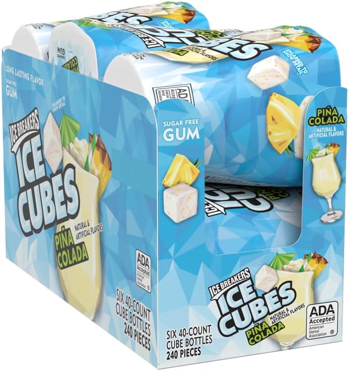 ICE BREAKERS Ice Cubes Pina Colada Sugar Free Chewing Gum Bottles, 3.24 oz (6 Count, 40 Pieces)