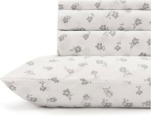 Linen Home 100% Cotton Printed Percale Sheet Set Queen, Grey Silhouette