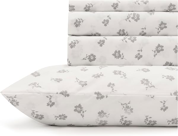 Linen Home 100% Cotton Printed Percale Sheet Set Queen, Grey Silhouette