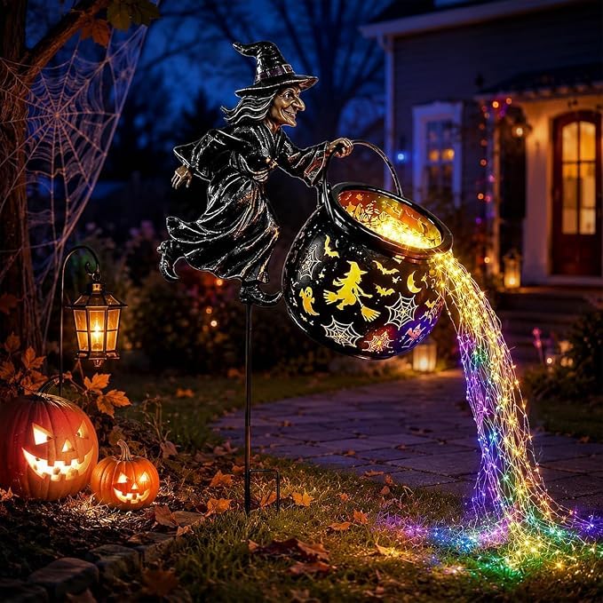 Halloween Witch Cauldron Garden Light, Halloween Witch Lamp, Colorful Waterfall-Style Light Flow Flying Witchs Garden Stake LED Projector Lights for Yard Lawn Patio, Outdoor LED Projector Lights