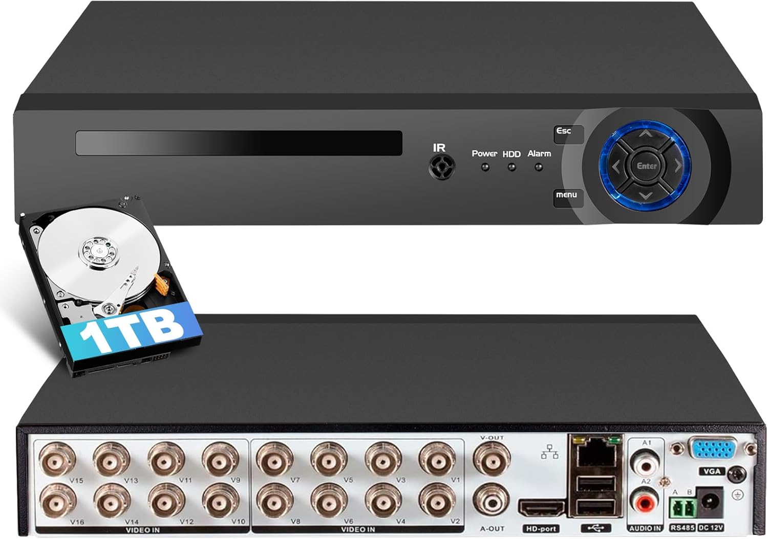 Fuers 16 Channel Digital Video Recorder 16CH Security Recorder DVR Supports up to 5MP Hybrid 6-in-1 AHD/TVI/CVI/CVBS/IP/XVI Camera with Human Detection, 24/7 Non-Stop Recording (with 1TB Hard Drive)