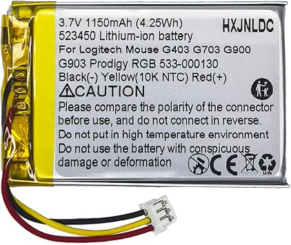 DC 3.7V 523450 1150mAh Lithium Polymer Rechargeable Battery for Logitech Wireless Mouse G403 G703 G900 G903 Prodigy RGB 533-000130