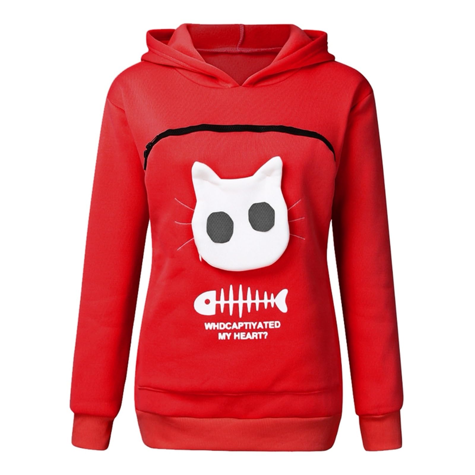 Sweat à capuche en sherpa femme avec poche chat pull oversize rouge S