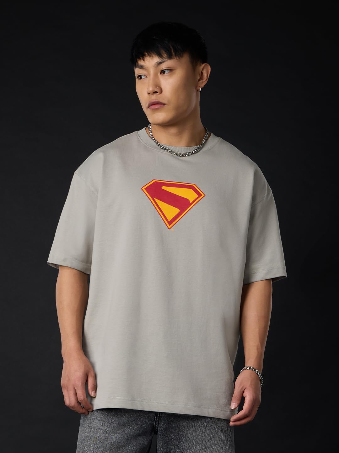 The Souled Store Superman: Take Me Home mężczyźni i chłopcy z krótkim rękawem, okrągły dekolt, szary, grafika z nadrukiem bawełnianym, lekka koszulka całoroczna oversized