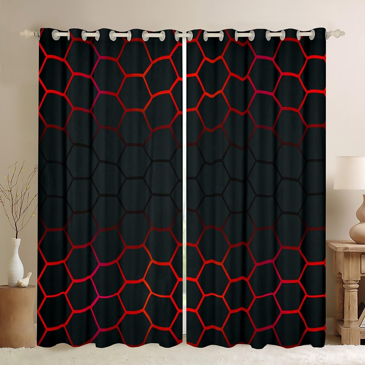 Red and Black Honeycomb Window Dreapes for Boys Girls Geometry Honeycomb Blackout Curtains(30%-50%) Ombre Honeycomb Window Curtains Beehive Hexagon Window Treatments W46*L54