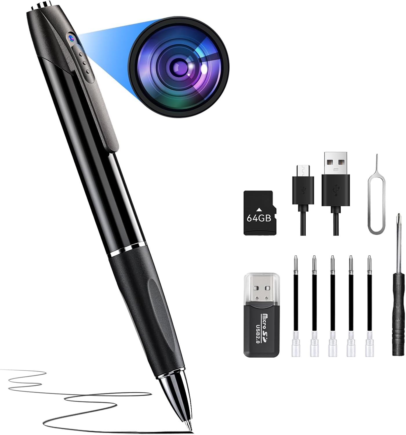 64G 1080P HD Portable Body Camera for Home Security, Rechargeable Pen Camera with Take Photos, Loop Recording, Long Battery Life Nanny Cam Ideal for Office, Indoor, Meeting, Lecture, Easy to Use