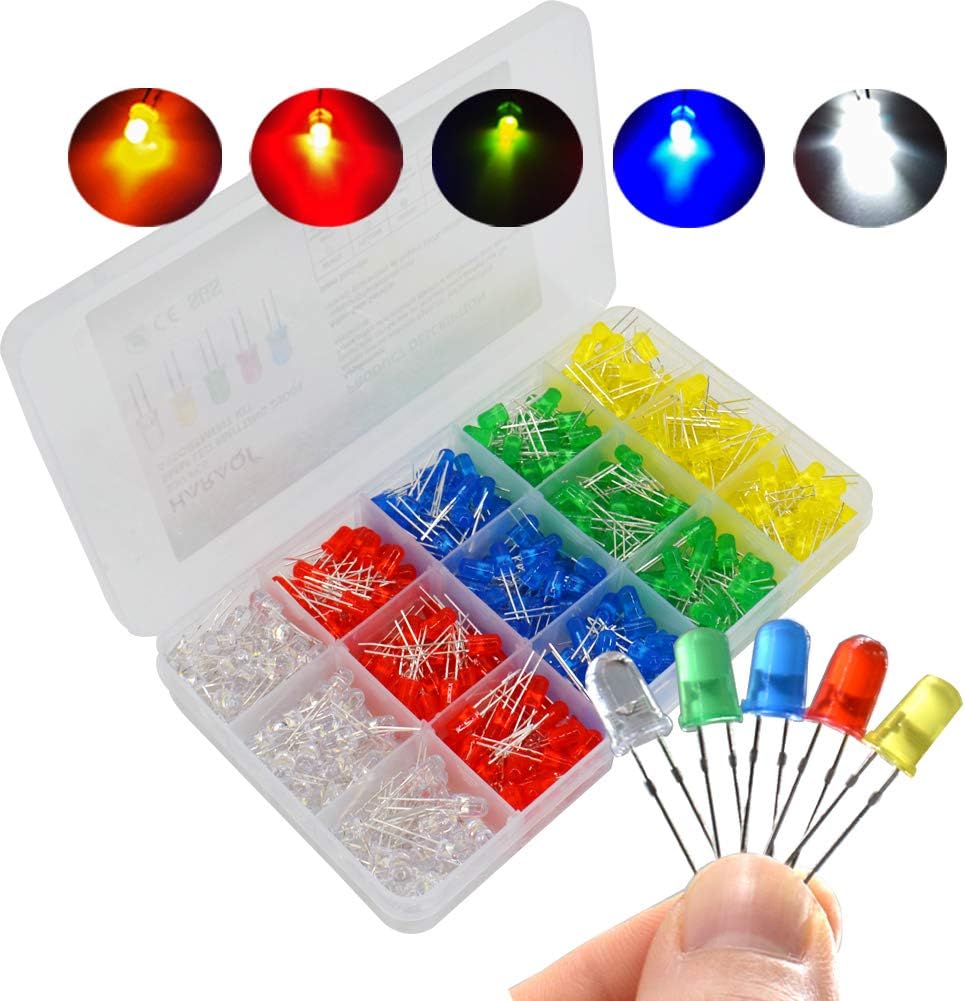 Haraqi 500 Pcs 5mm LED Light Emitting Diode Assortment Kit,Low Voltage Diffused Diode for DIY PCB Circuit,Indicator Lights