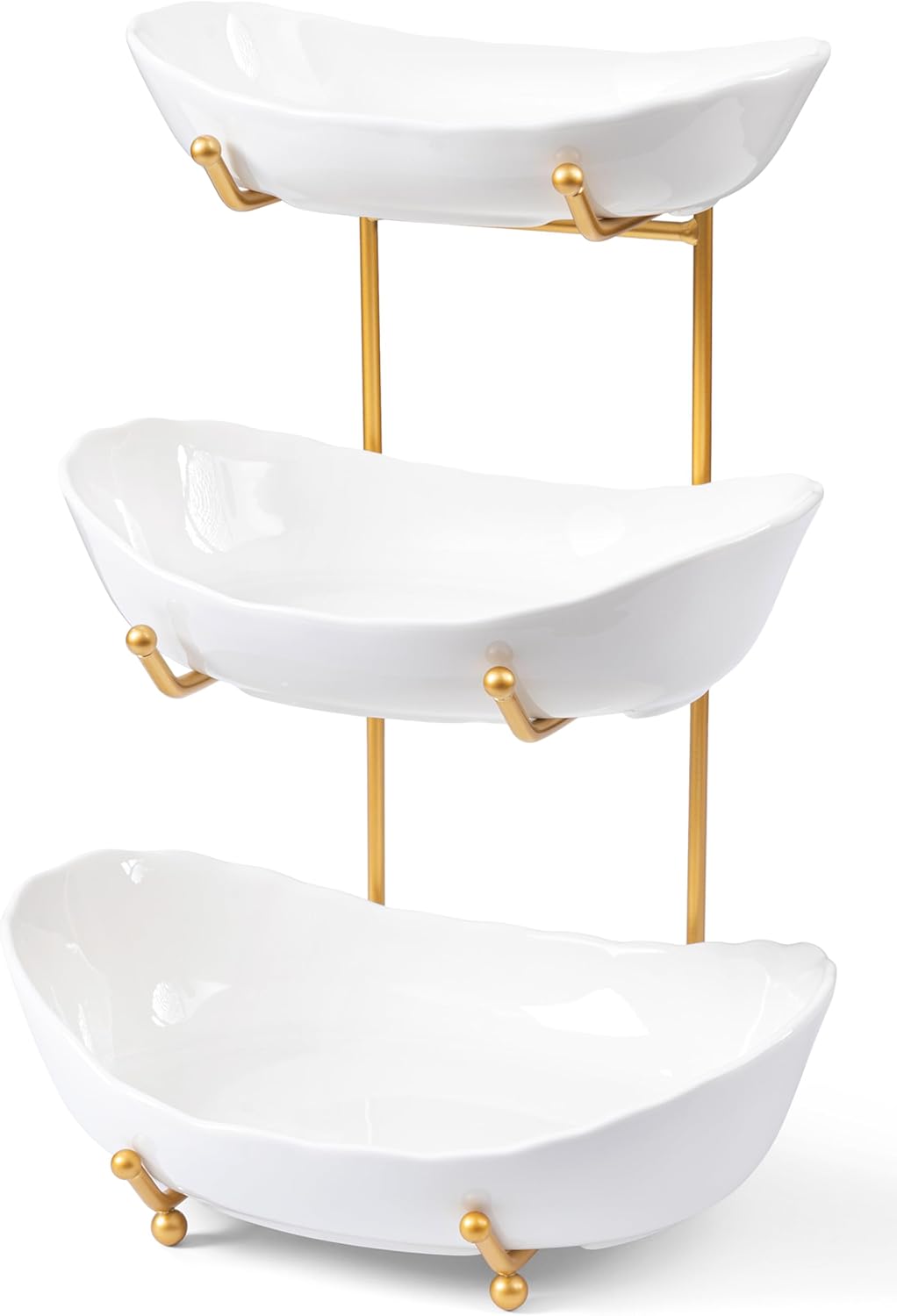 HBlife Fruit Bowl for Kitchen Counter - 3 Tier Ceramic Fruit Bowl with Metal Stand, Tiered Fruit Basket for Kitchen Fruit Vegetable Storage, Snack, Dessert Tray Plate Rack for Party White Bowl Gold Rack