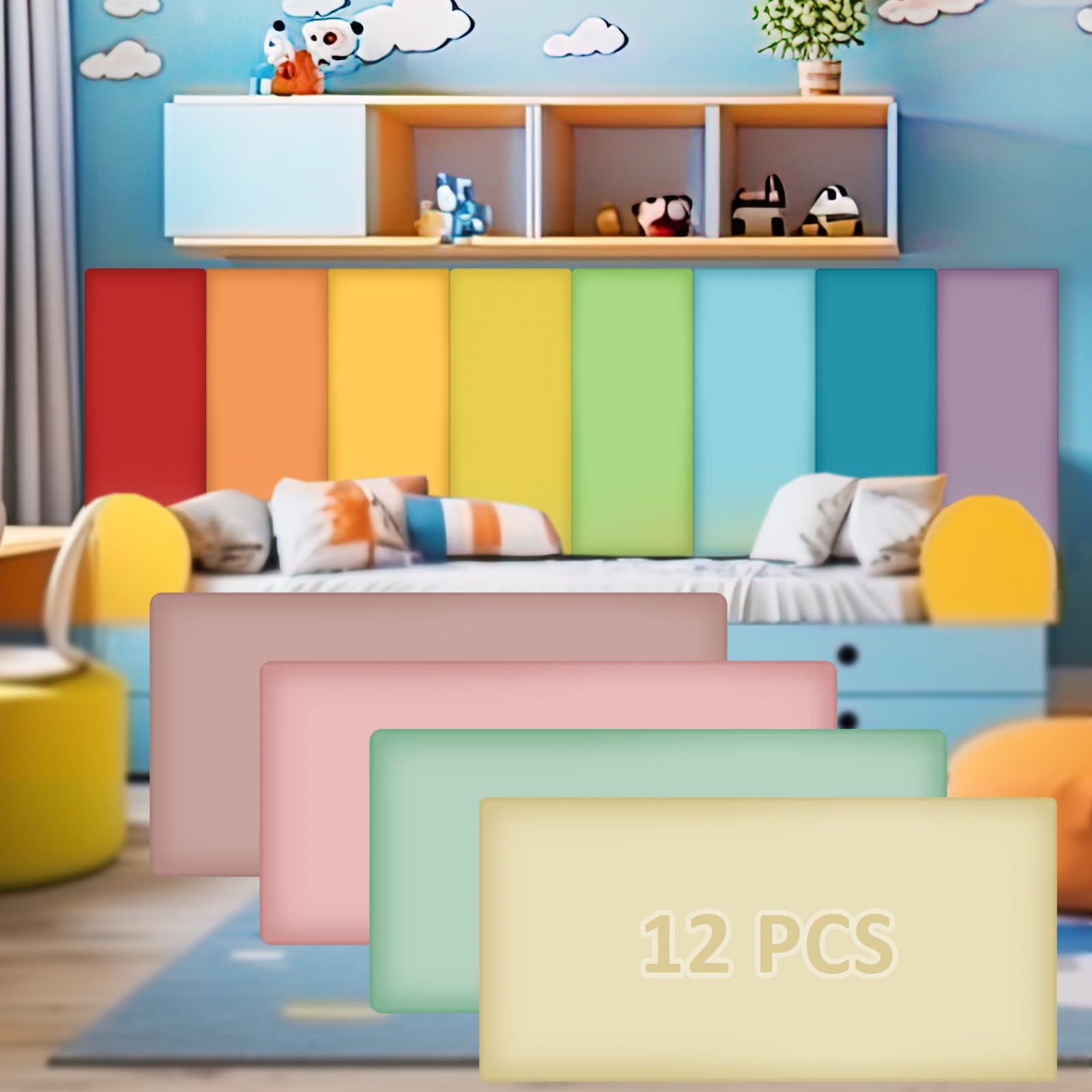 12 pack wall padding for playroom peel and stick headboard 15.75" x 7.87" x 1.18" 3d anti collision upholstered wall panels self adhesive headboard panel for protection (rainbow colors)