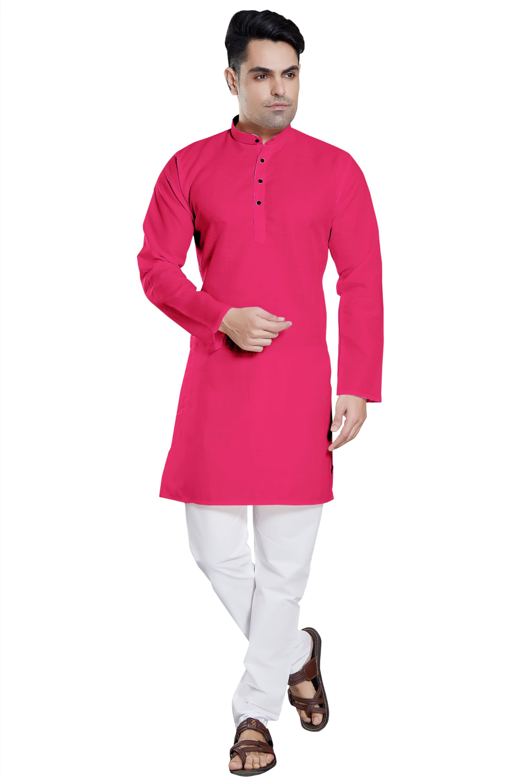 Divisive Men's Plain Cotton Blend Linen Slim Fit Kurta Pyjama Set (Dkrt57_Xxl_Rani)
