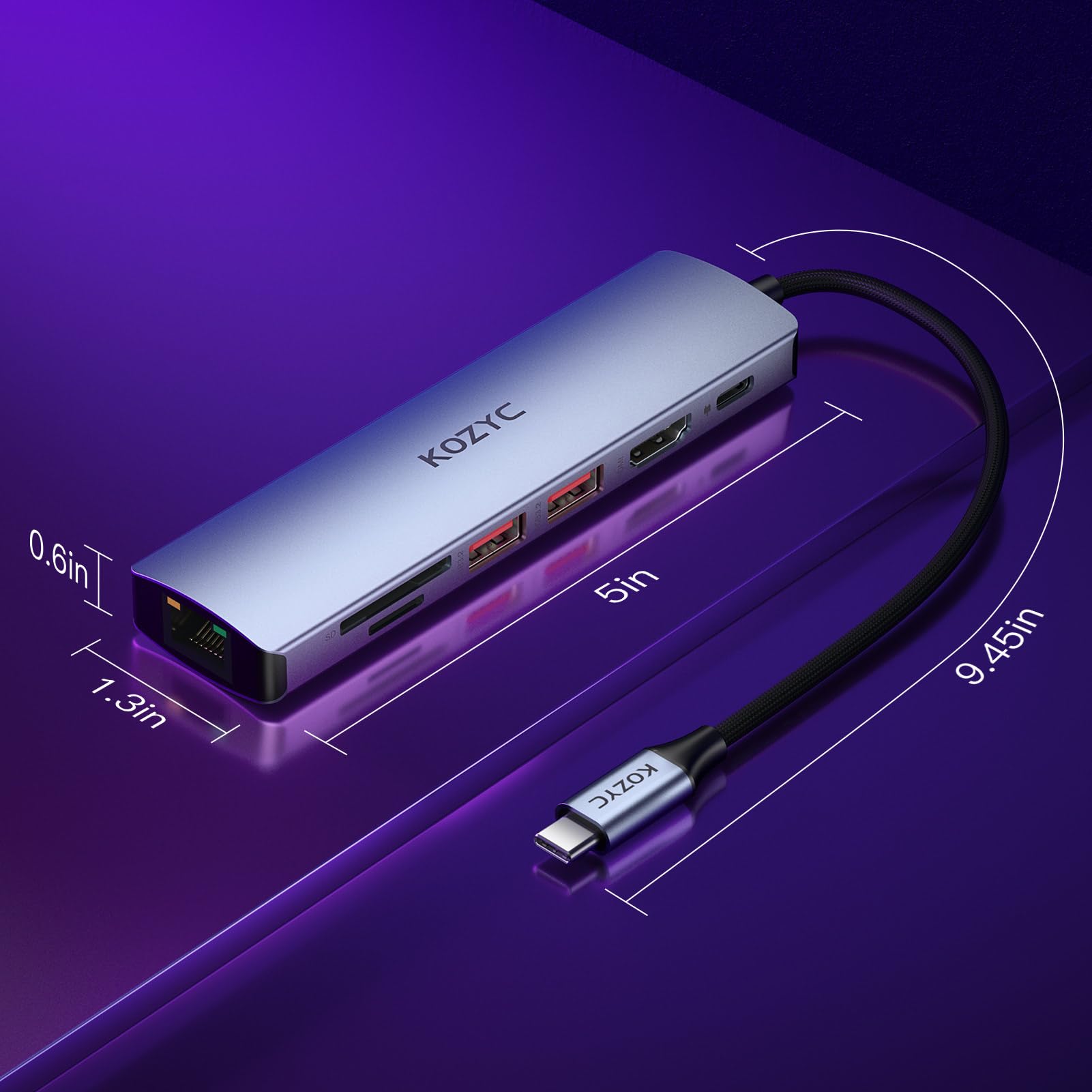 USB C Hub Ethernet Multiport Adapter, KOZYC 7-in-1 USB C Hub avec HDMI 4K@60Hz, 1Gbps Ethernet, 100W PD, 2 USB 3.2 10Gbps, SD/TF Card Slots Port, pour MacBook Air/Pro, XPS13/15, Dell