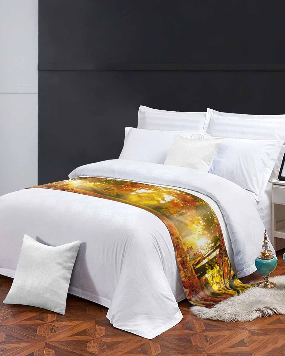 Orange Autumn Leaves Bed Runner Scarf Full Queen Size, Fall Trees Forest Country Rustic Luxury Bed Throw Runners & Scarves for Twin Full Queen King Foot of Bed, Bedroom Hotel Decoration, 83"x20"