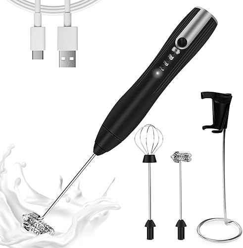 Miniatura 1 de Rechargeable Milk Frother Handheld with 3 Speeds, Powerful Whisk Drink Mixer with 2 Head for Coffee, Mini Foam Maker for Cappuccino, Frappe, Matcha,