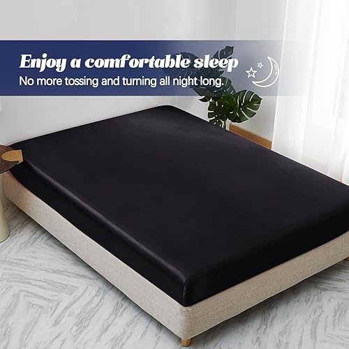 Miniatura 7 de MR&HM Sábana bajera de satén tamaño California King, sábana inferior sedosa con correas elásticas en las esquinas, bolsillo profundo de hasta 15