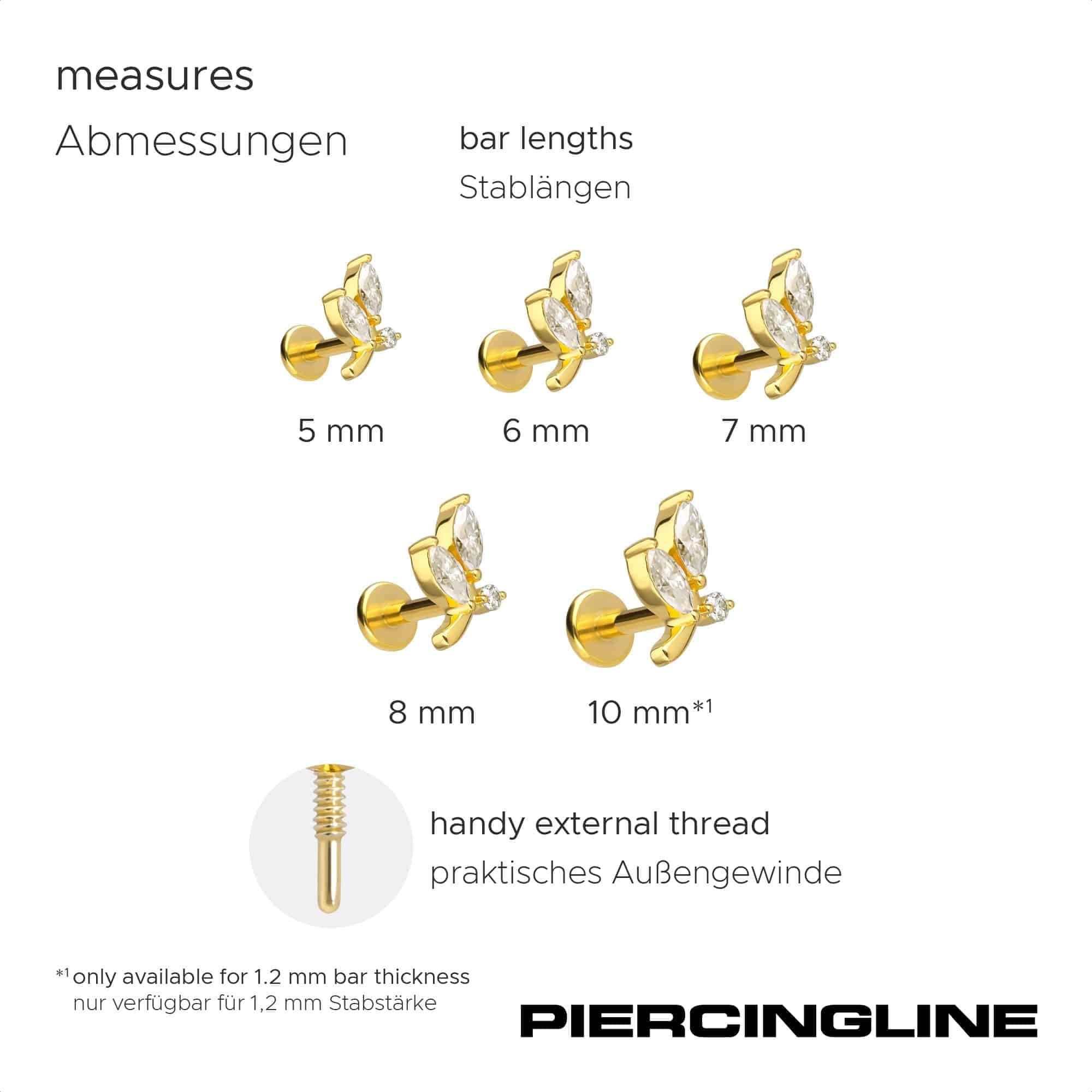 PIERCINGLINE Piercing Stecker Titan Labret mit Innengewinde + 925er Silber Aufsatz MOISSANIT-ZWEIG - Goldfarben, Silberfarben
