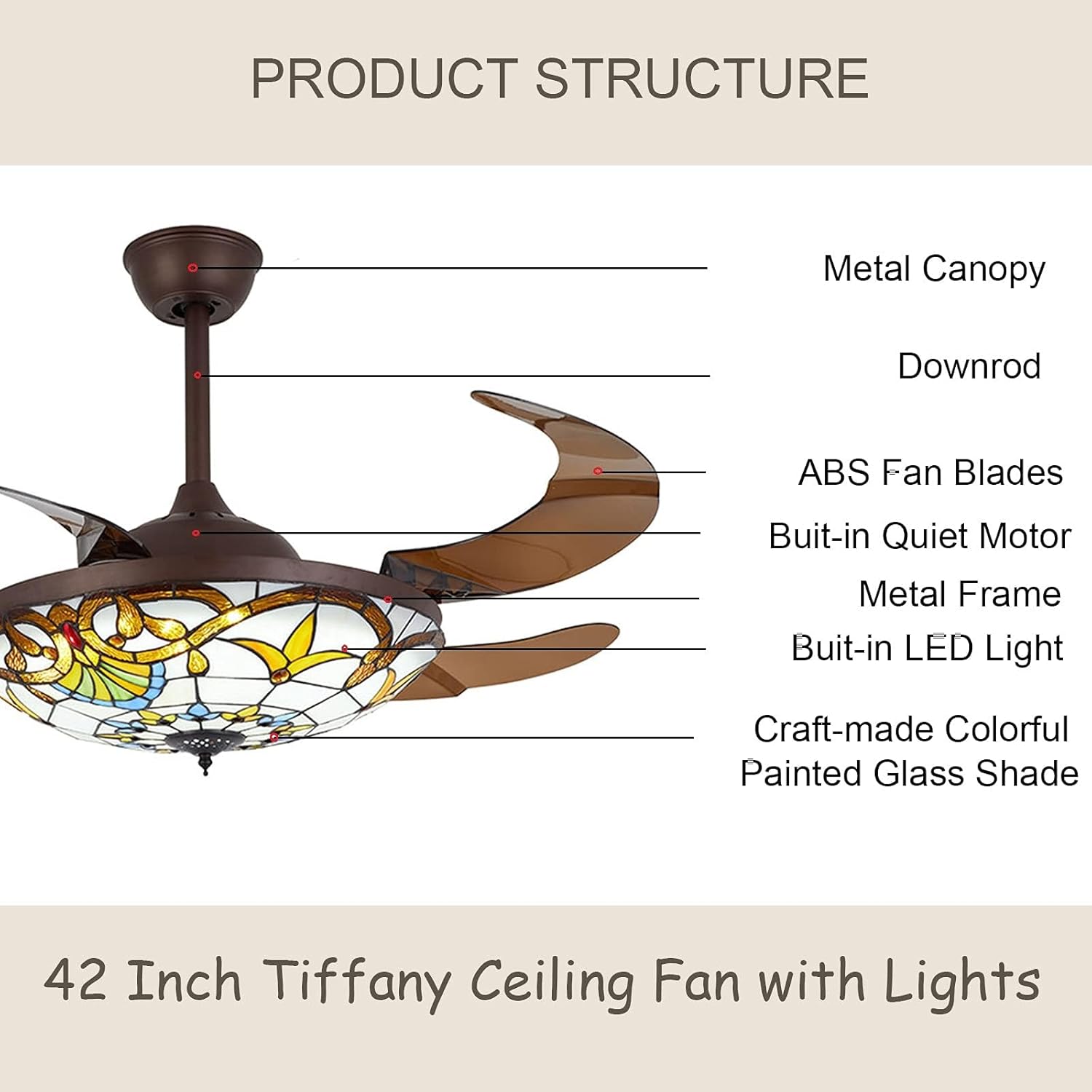 Tiffany Style 42" Retractable Ceiling Fan with Lights and Remote