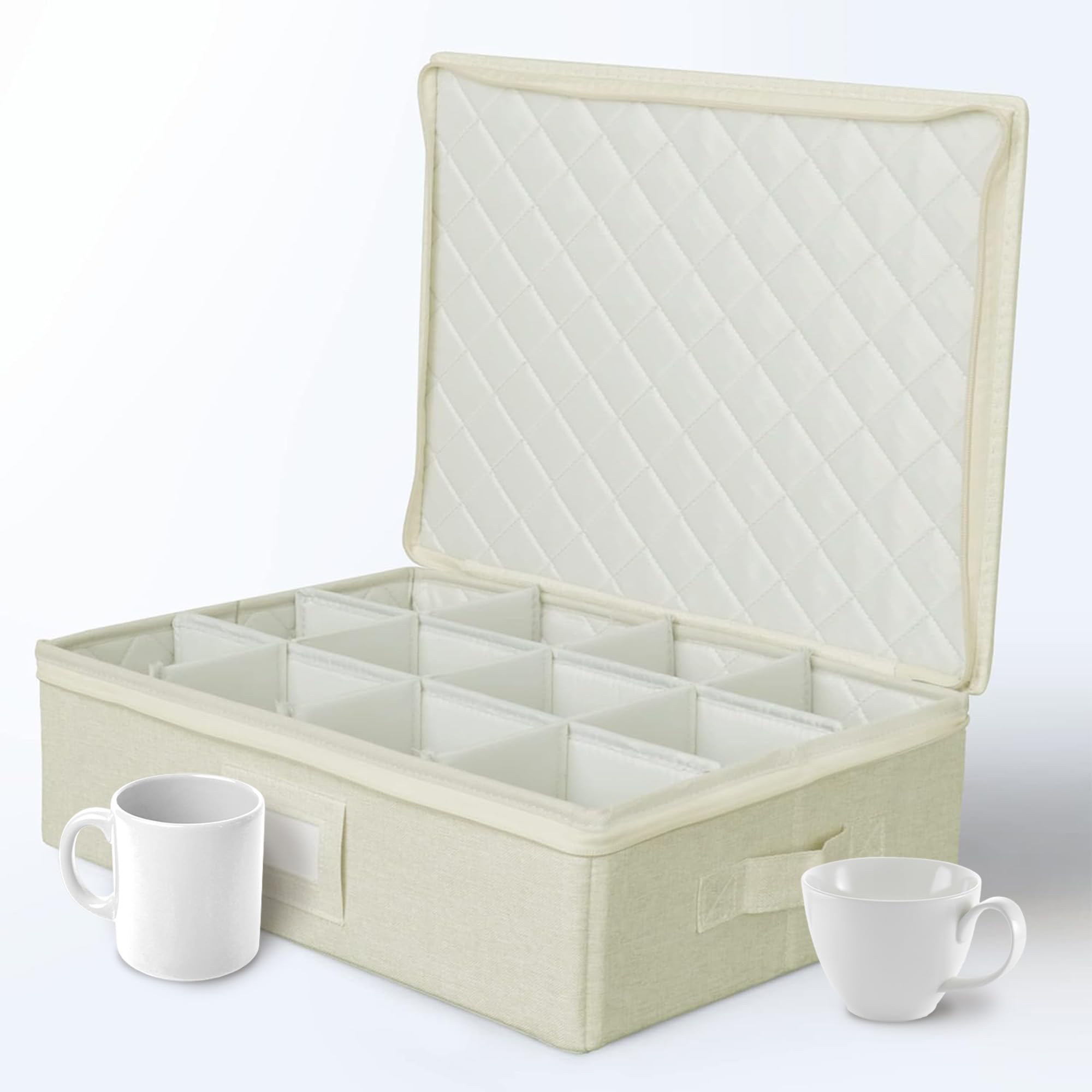 storageLABCup and Mug Storage Containers, Hard Shell Storage Case with Felt Dividers for Cups, Mugs, Dishes, and Glasses, Ideal for Kitchen Organizing and Moving Supplies - 1 Pack, Cream