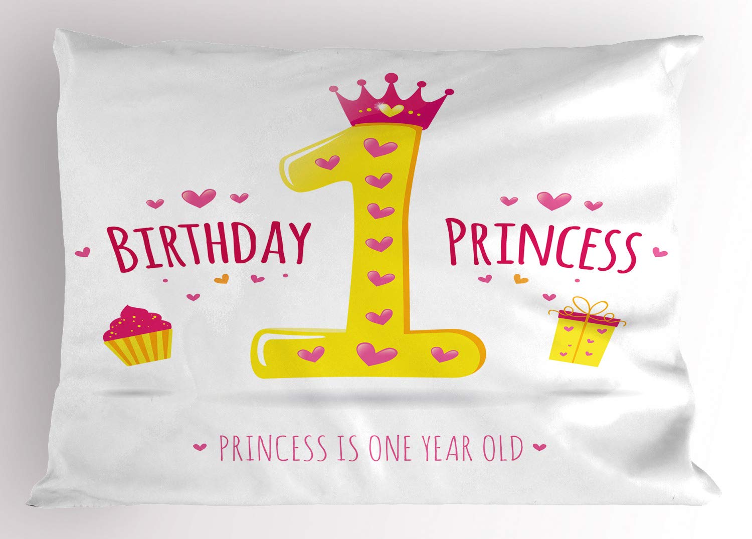 Ambesonne 1st Birthday Pillow Sham Set of 2, Words Design with Cartoon Girl Theme Party with Hearts Image, Quality Microfiber Bedding Item for All Seasons, 30