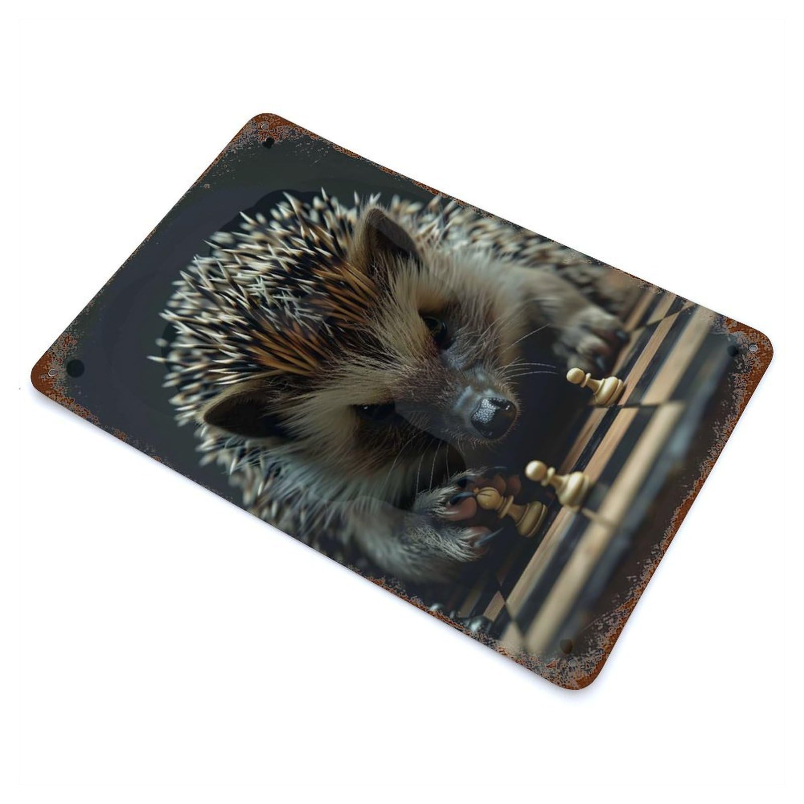 Hedgehog Chess Distressed Metal Wall Sign 11.8"x7.9", Ideal for Cafe, Home Bar And Lounge Decor