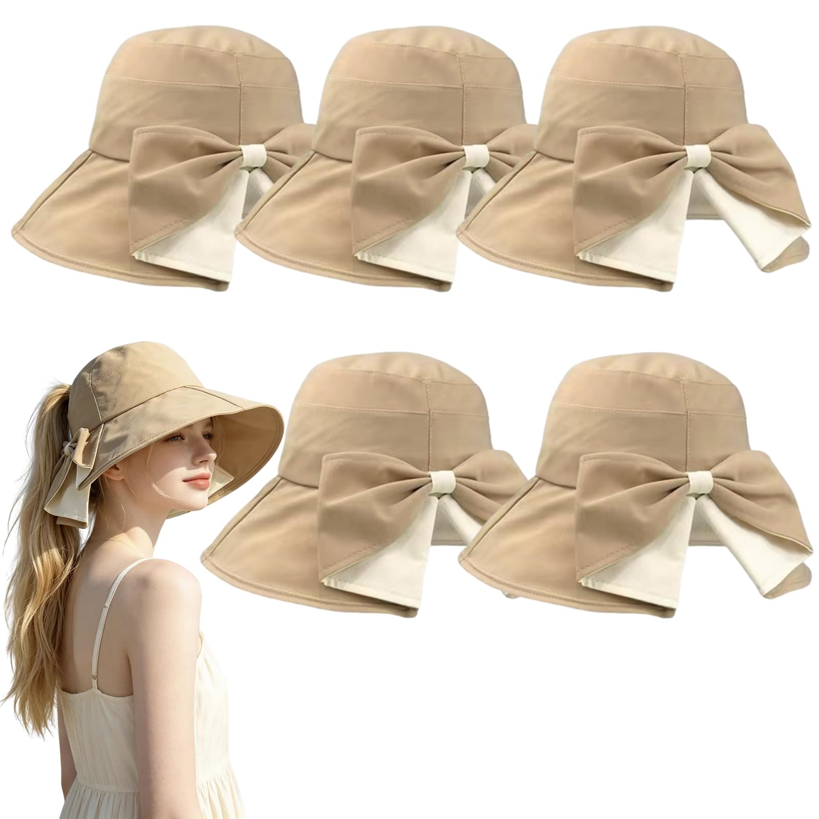 Cappello da donna con fiocco a tesa larga, protezione solare a 360° dai raggi UV e dal sole, cappello pieghevole a coda di cavallo, regolabile, ripiegabile, capanna estiva da spiaggia con